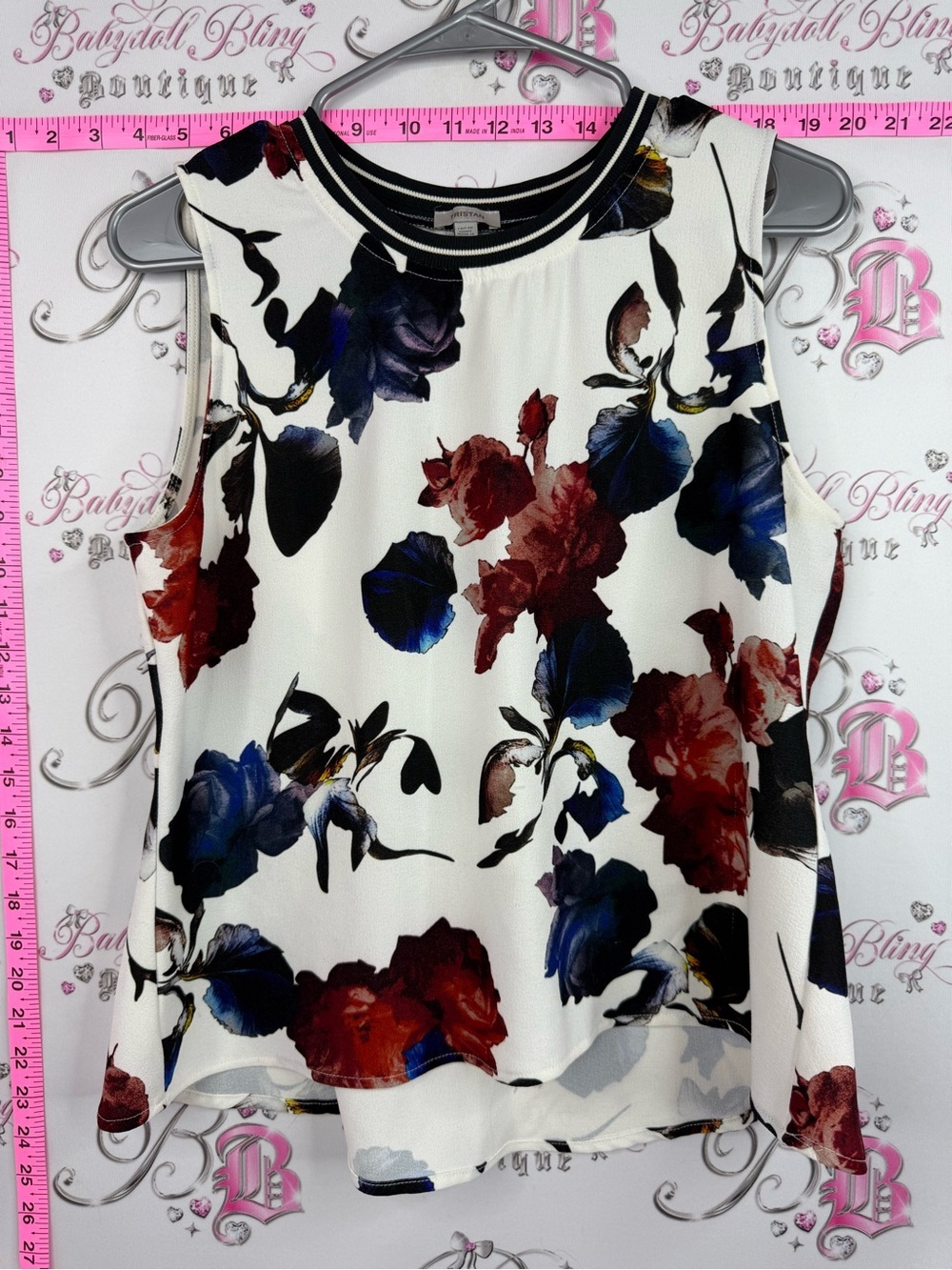 Tristan tank top flower White Floral Sleeveless Blouse with Red & Blue Flowers